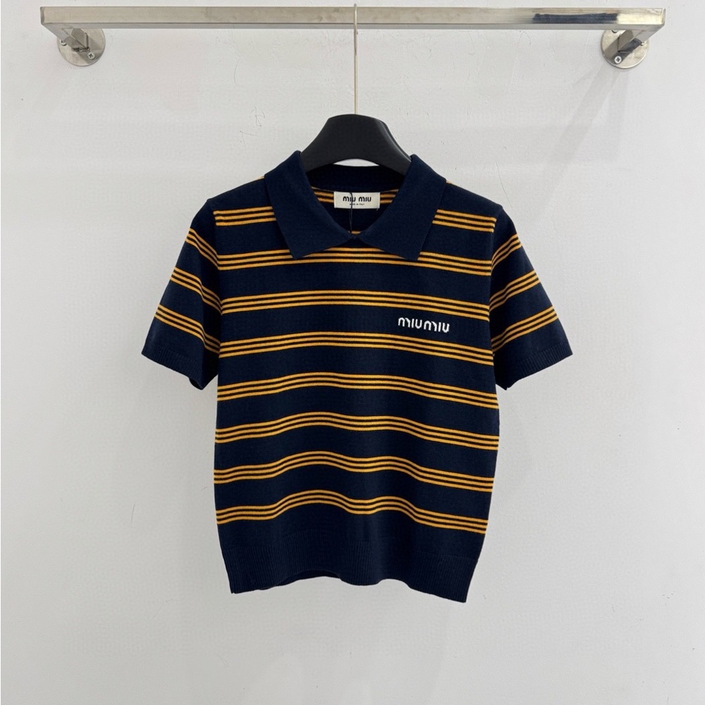 Miu Miu Navy and Yellow Striped Short-Sleeve Polo Sweater Top